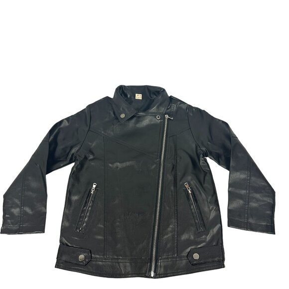 Black Faux Leather Jacket Kids Size 8 With Asymmetrical Zip Closure & Pockets - Picture 1 of 5